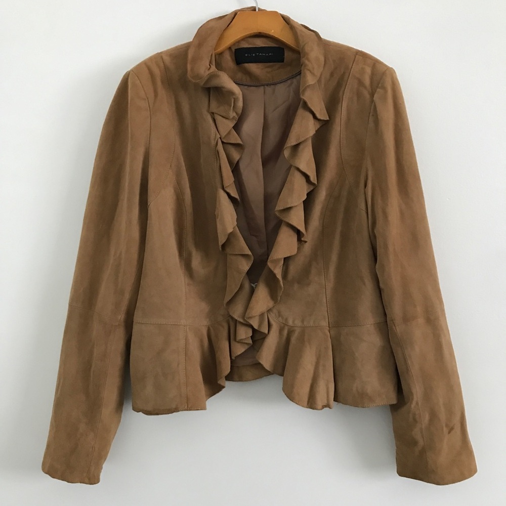 ELIE TAHARI WOMENS LEATHER JACKET BROWN SUEDE CROPPED DRESSY RUFFLE 12/14